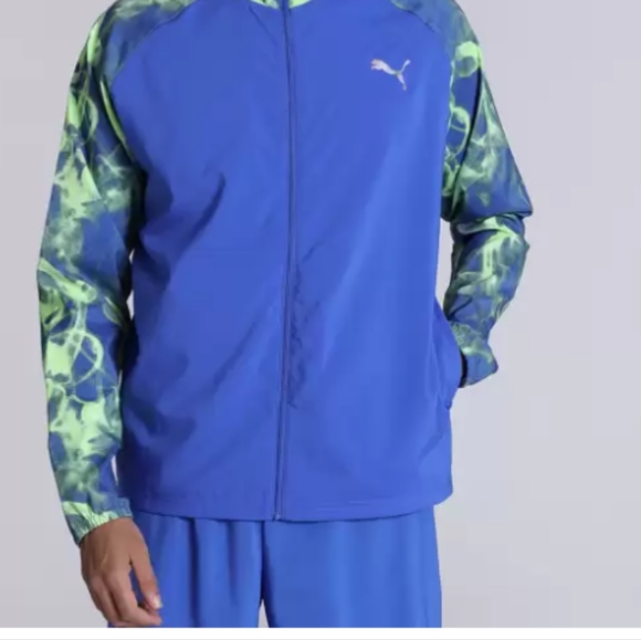 🆕Puma | Run FAV AOP Woven Jacket Royal Sapphire Blue & Green Mens Size Large - Picture 2 of 15